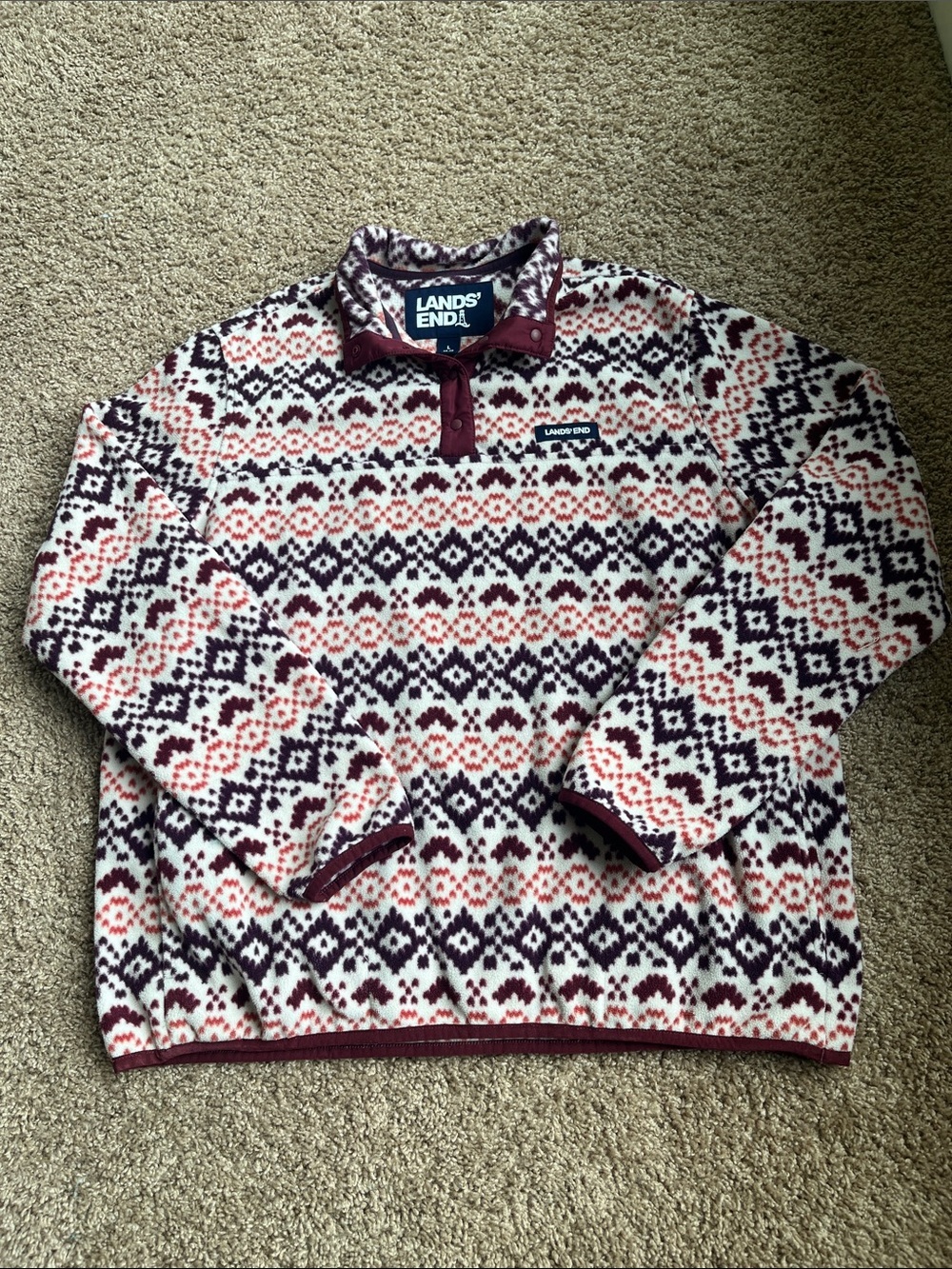 Lands' End Burgundy and Cream Patterned Snap Front Fleece Top - Size Large